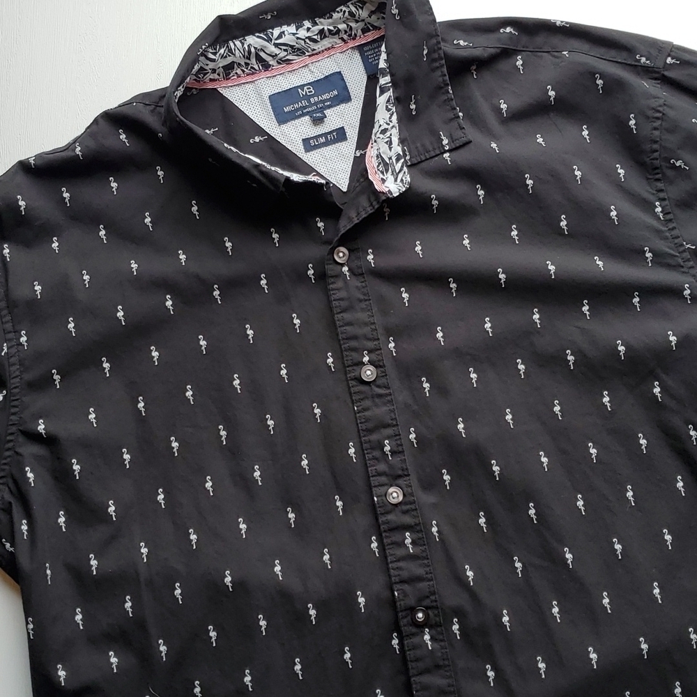 Michael Brandon Black and White Flamingo Print Button Down XXL